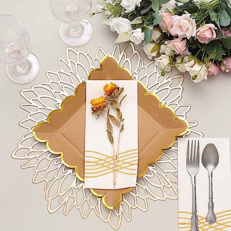 25 Square Natural Paper Salad Dinner Plates with Gold Scalloped Rim - Disposable Tableware