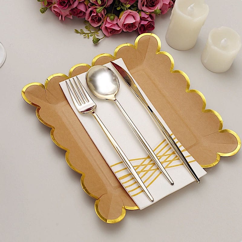 25 Square Natural Paper Salad Dinner Plates with Gold Scalloped Rim - Disposable Tableware