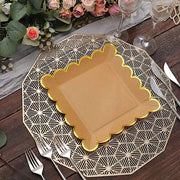 25 Square Natural Paper Salad Dinner Plates with Gold Scalloped Rim - Disposable Tableware