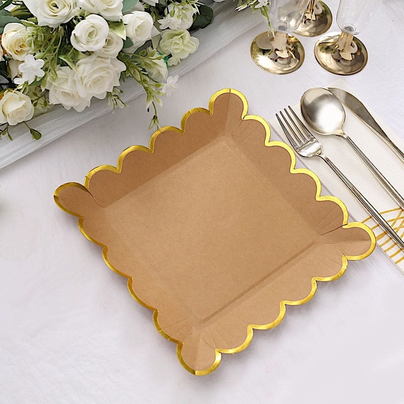 25 Square Natural Paper Salad Dinner Plates with Gold Scalloped Rim - Disposable Tableware