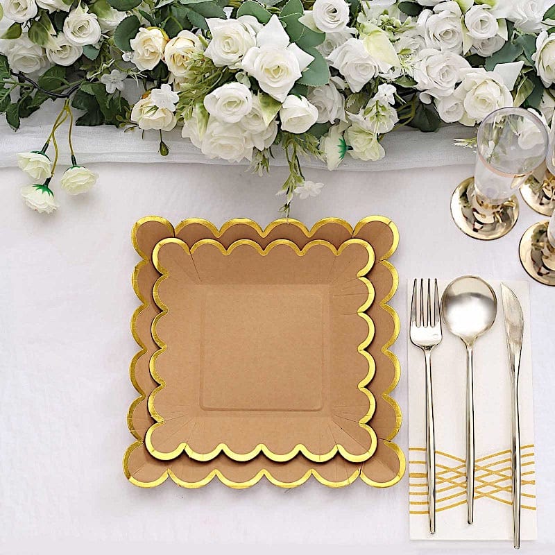 25 Square Natural Paper Salad Dinner Plates with Gold Scalloped Rim - Disposable Tableware