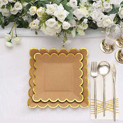 25 Square Natural Paper Salad Dinner Plates with Gold Scalloped Rim - Disposable Tableware
