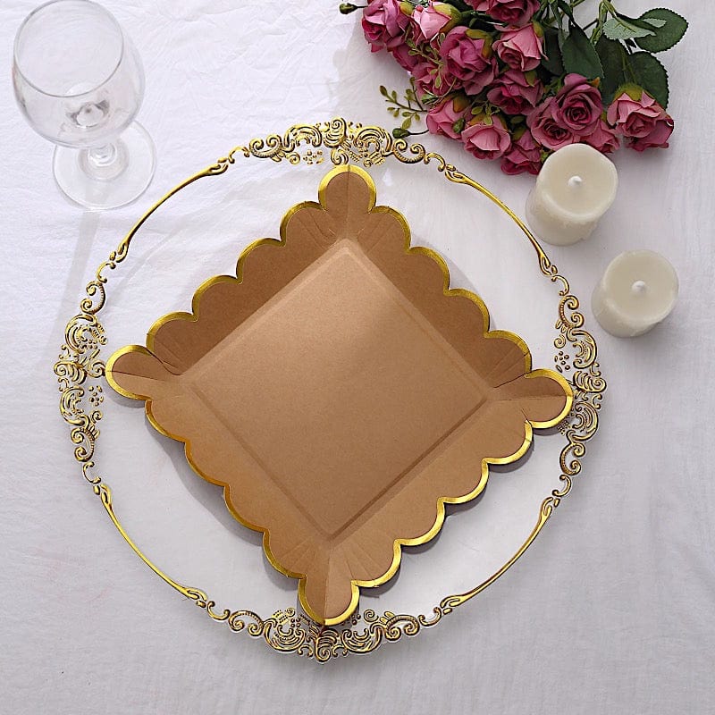 25 Square Natural Paper Salad Dinner Plates with Gold Scalloped Rim - Disposable Tableware