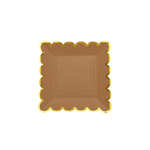 25 Square Natural Paper Salad Dinner Plates with Gold Scalloped Rim - Disposable Tableware DSP_PPS0016_7_NATGD