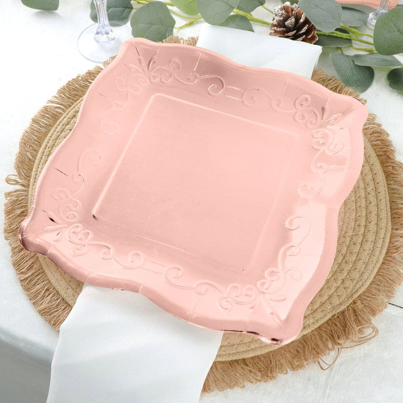 25 Square Paper Dessert Dinner Plates Scroll Design Rim - Disposable Tableware
