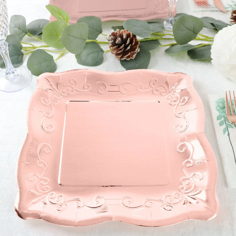 25 Square Paper Dessert Dinner Plates Scroll Design Rim - Disposable Tableware