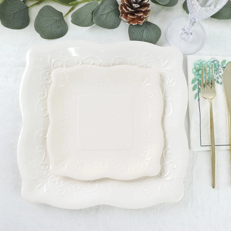 25 Square Paper Dessert Dinner Plates Scroll Design Rim - Disposable Tableware