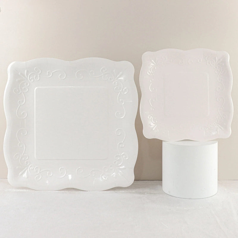 25 Square Paper Dessert Dinner Plates Scroll Design Rim - Disposable Tableware