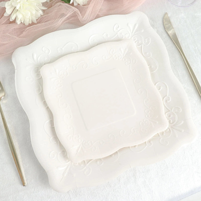 25 Square Paper Dessert Dinner Plates Scroll Design Rim - Disposable Tableware