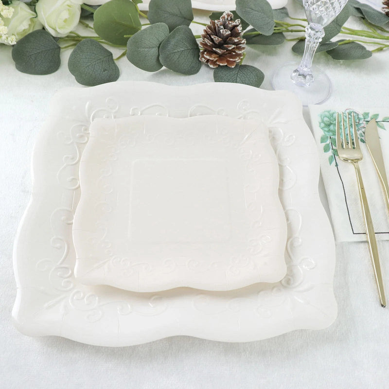 25 Square Paper Dessert Dinner Plates Scroll Design Rim - Disposable Tableware