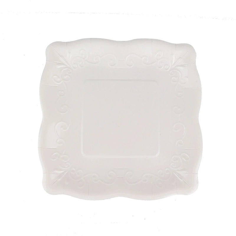 25 Square Paper Dessert Dinner Plates Scroll Design Rim - Disposable Tableware