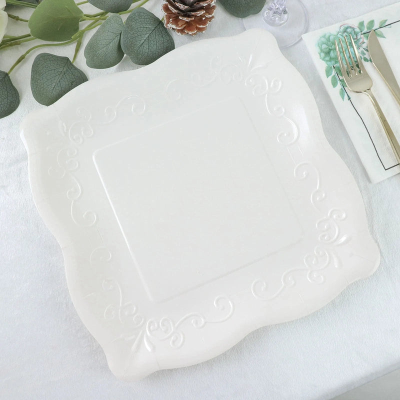 25 Square Paper Dessert Dinner Plates Scroll Design Rim - Disposable Tableware
