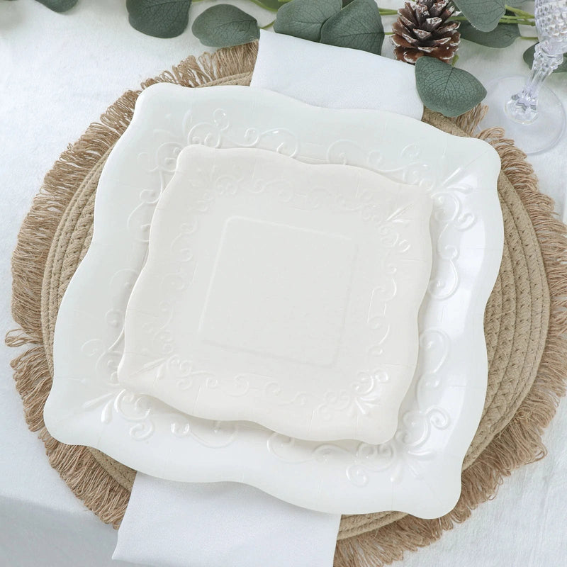 25 Square Paper Dessert Dinner Plates Scroll Design Rim - Disposable Tableware