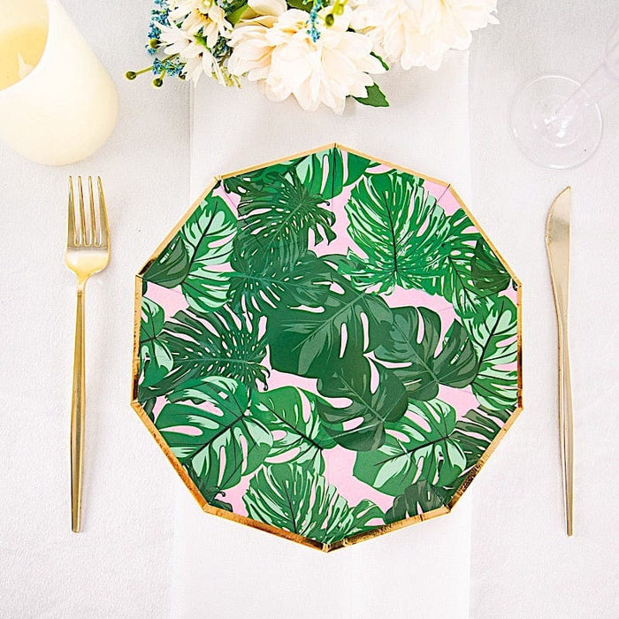 25 Tropical Leaves Decagonal Salad Dinner Paper Plates - Disposable Tableware