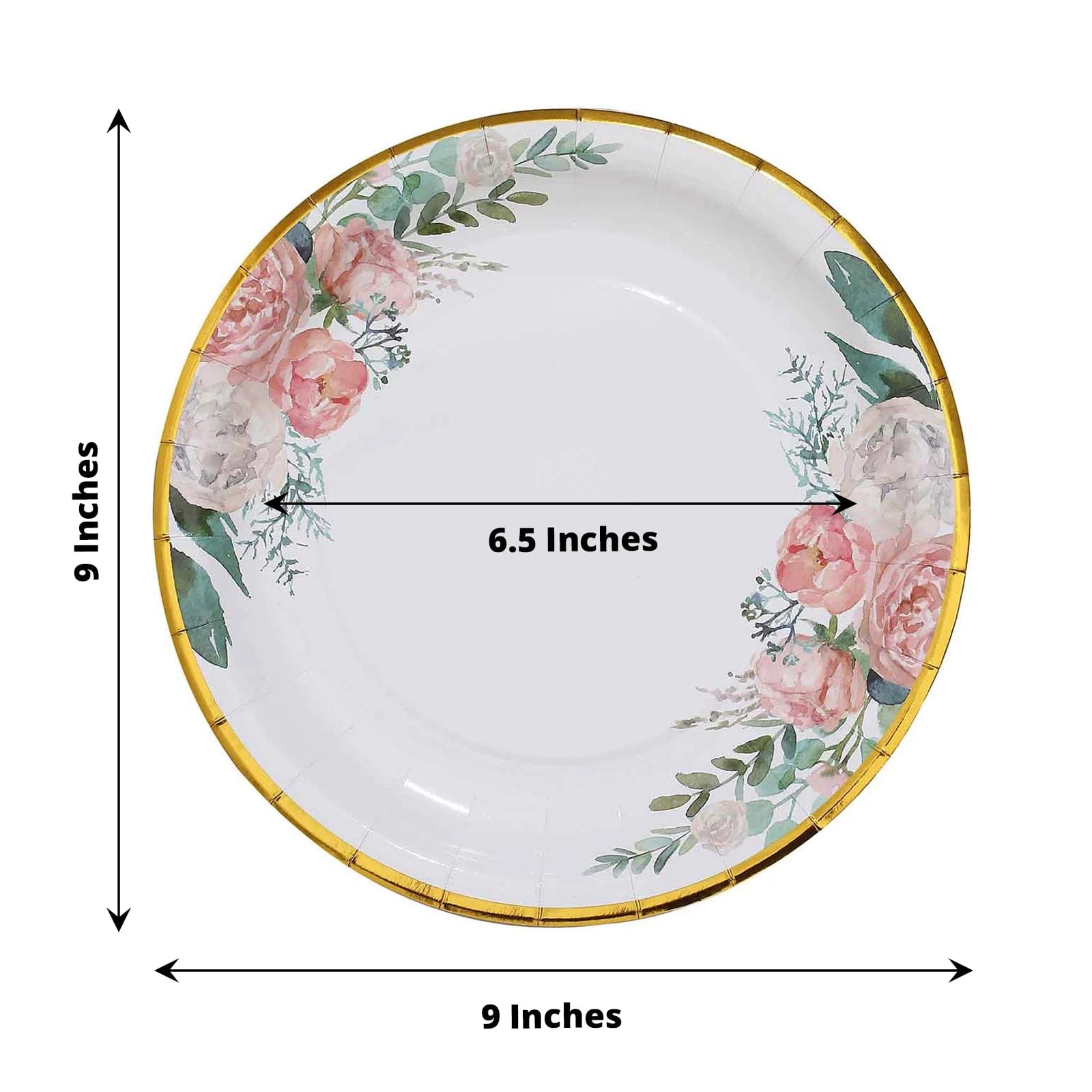 25 White Round Paper Plates with Floral Design and Gold Rim - Disposable Tableware
