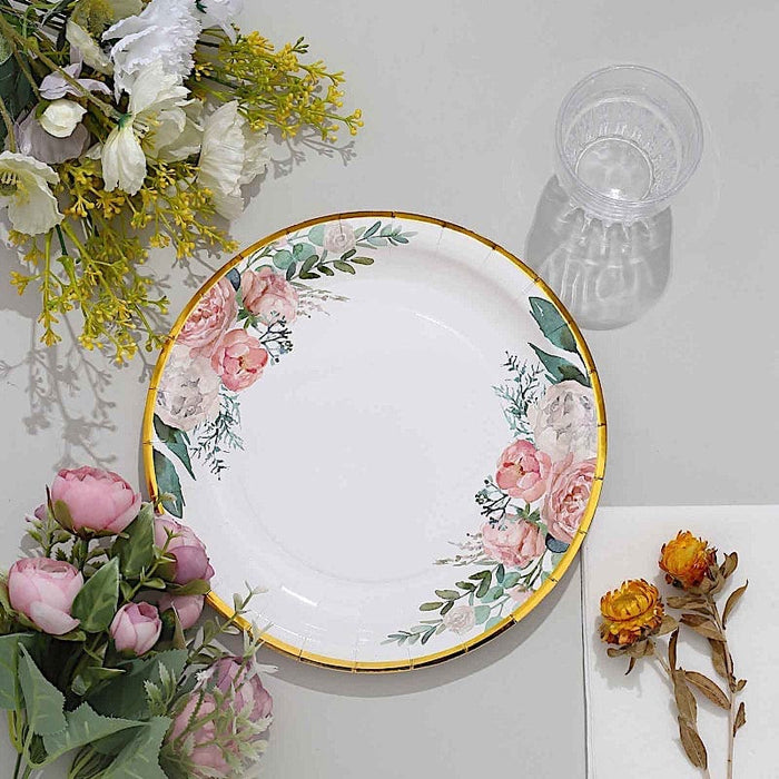 25 White Round Paper Plates with Floral Design and Gold Rim - Disposable Tableware