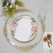 25 White Round Paper Plates with Floral Design and Gold Rim - Disposable Tableware