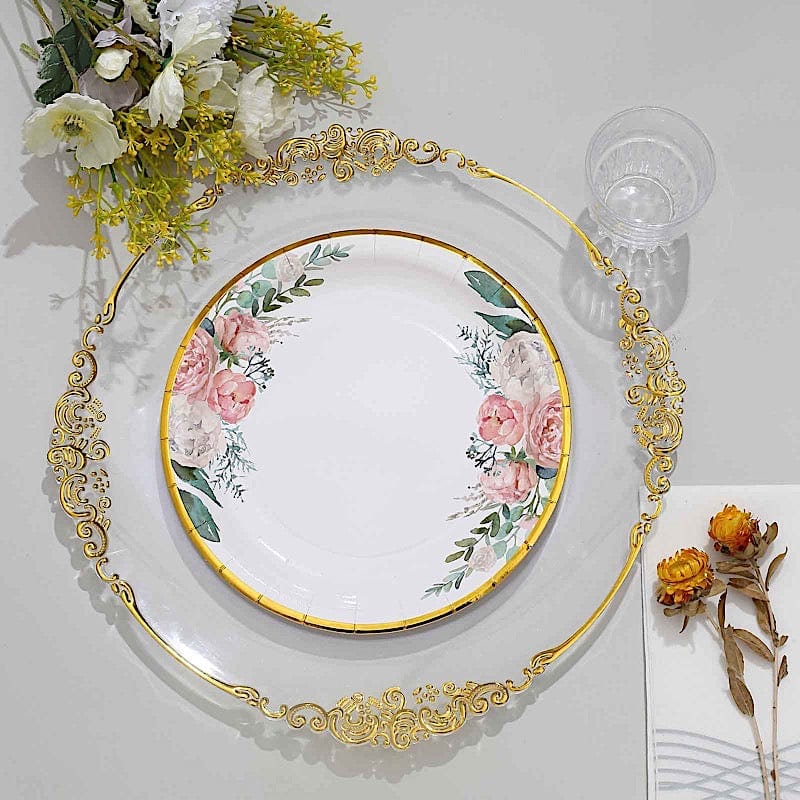 25 White Round Paper Plates with Floral Design and Gold Rim - Disposable Tableware