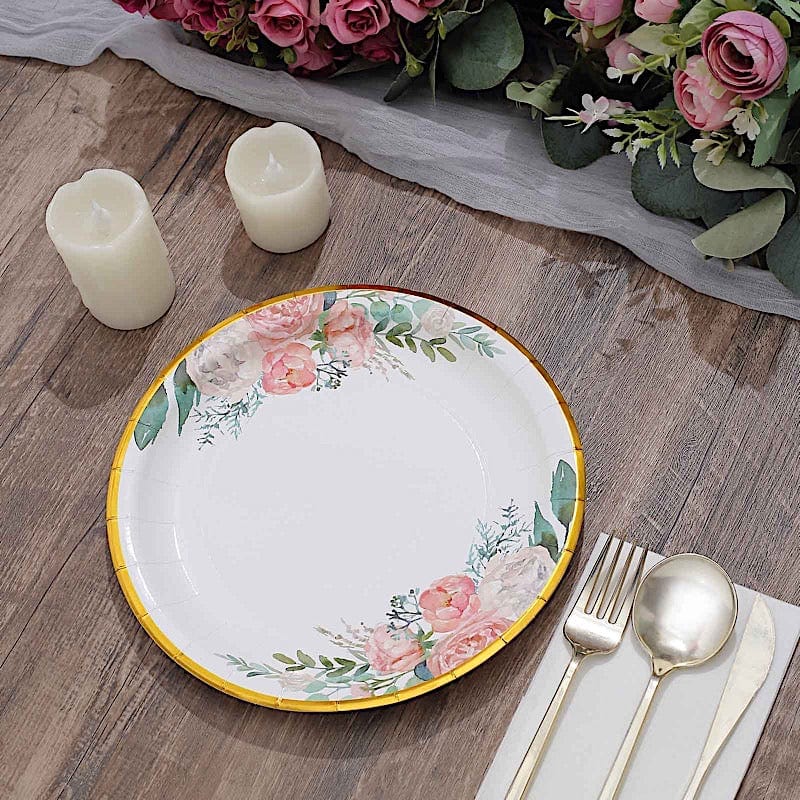 25 White Round Paper Plates with Floral Design and Gold Rim - Disposable Tableware