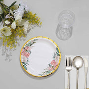 25 White Round Paper Plates with Floral Design and Gold Rim - Disposable Tableware