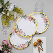 25 White Round Paper Plates with Floral Design and Gold Rim - Disposable Tableware