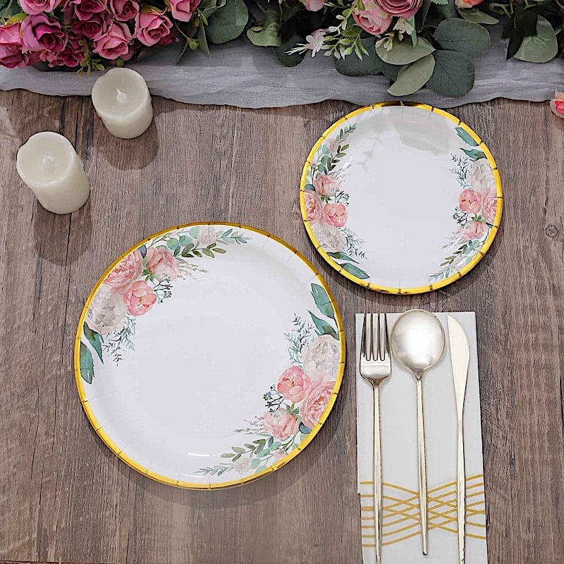 25 White Round Paper Plates with Floral Design and Gold Rim - Disposable Tableware