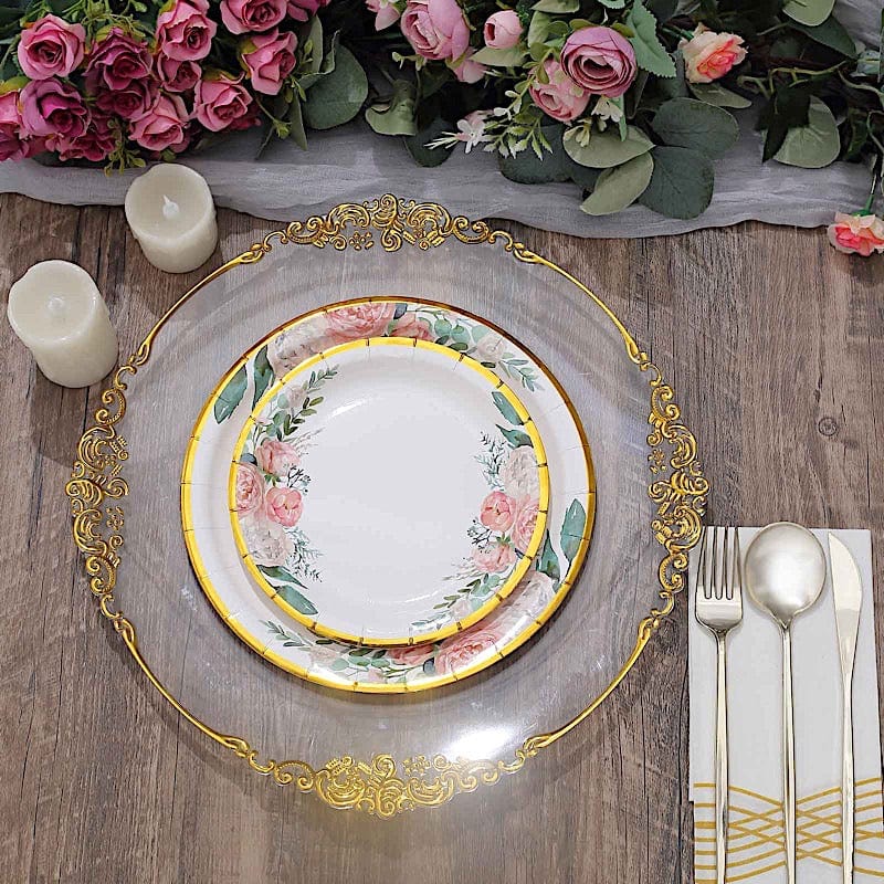 25 White Round Paper Plates with Floral Design and Gold Rim - Disposable Tableware