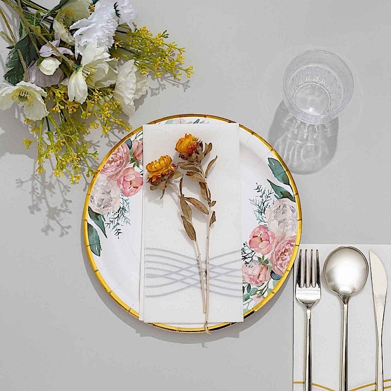 25 White Round Paper Plates with Floral Design and Gold Rim - Disposable Tableware