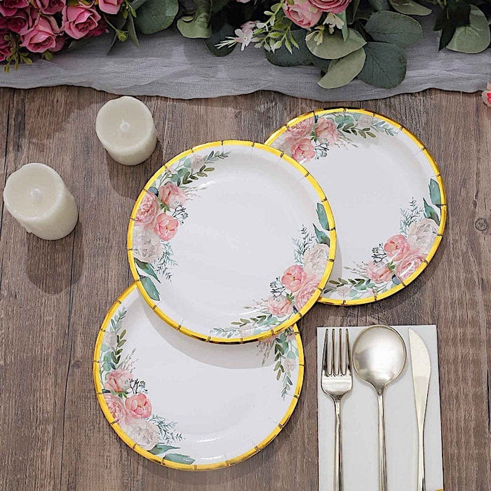 25 White Round Paper Plates with Floral Design and Gold Rim - Disposable Tableware