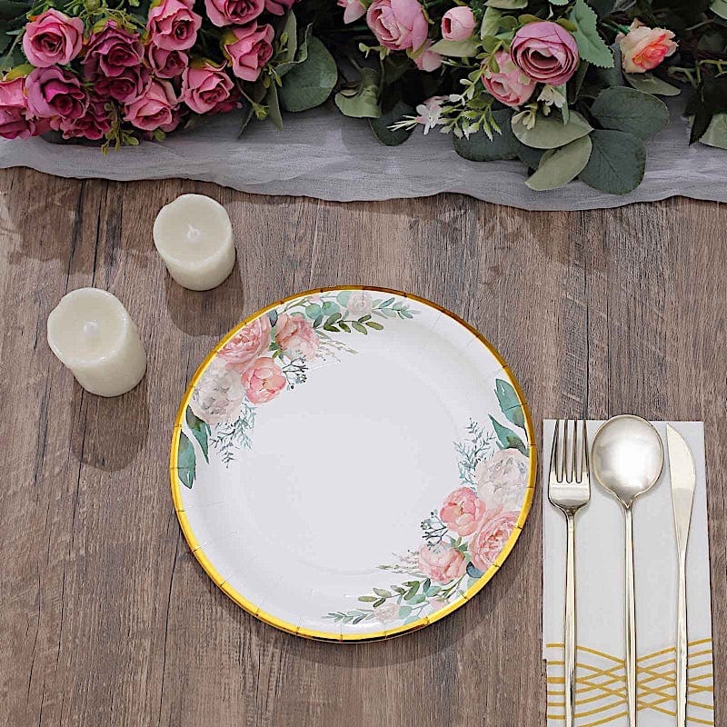 25 White Round Paper Plates with Floral Design and Gold Rim - Disposable Tableware