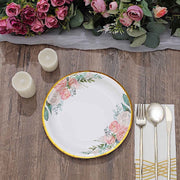 25 White Round Paper Plates with Floral Design and Gold Rim - Disposable Tableware
