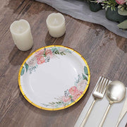 25 White Round Paper Plates with Floral Design and Gold Rim - Disposable Tableware