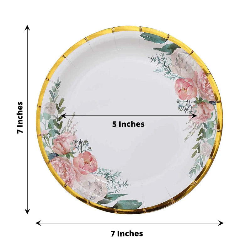 25 White Round Paper Plates with Floral Design and Gold Rim - Disposable Tableware