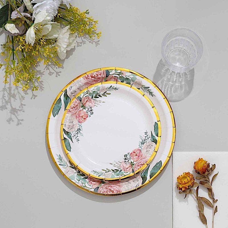 25 White Round Paper Plates with Floral Design and Gold Rim - Disposable Tableware