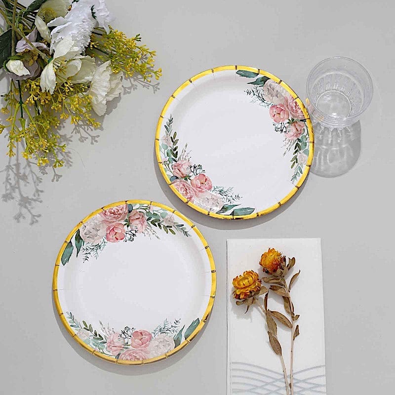 25 White Round Paper Plates with Floral Design and Gold Rim - Disposable Tableware