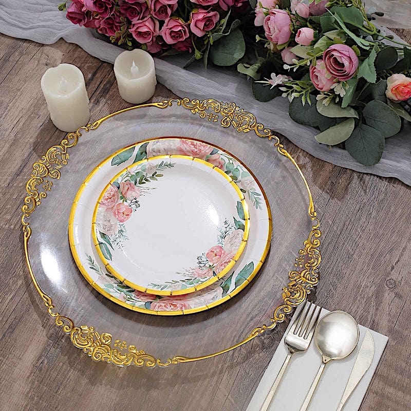 25 White Round Paper Plates with Floral Design and Gold Rim - Disposable Tableware