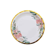 25 White Round Paper Plates with Floral Design and Gold Rim - Disposable Tableware DSP_PPR0024_7_GOLD