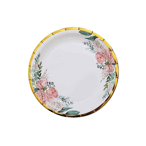 25 White Round Paper Plates with Floral Design and Gold Rim - Disposable Tableware DSP_PPR0024_7_GOLD
