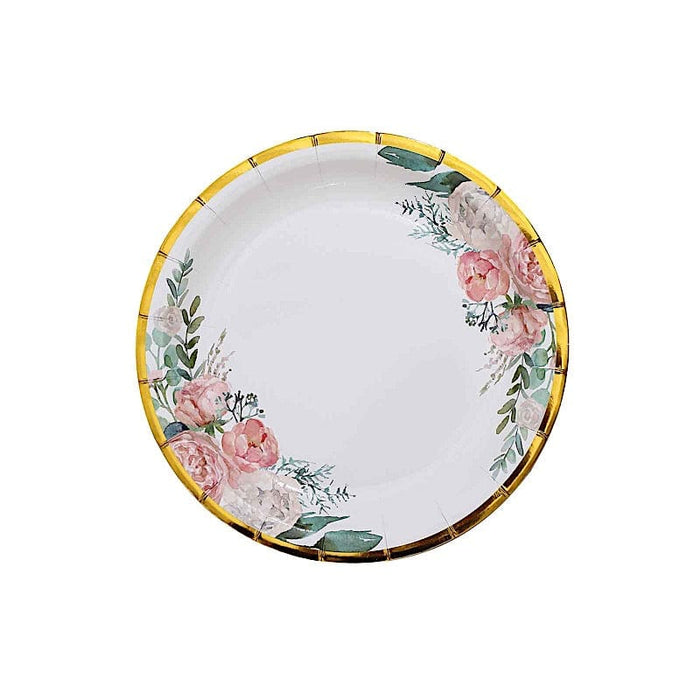 25 White Round Paper Plates with Floral Design and Gold Rim 9