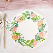 25 White Round Paper Plates with Flower Wreath Design - Disposable Tableware