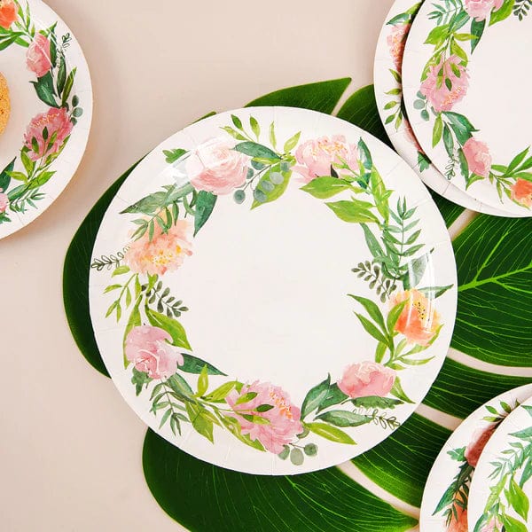 25 White Round Paper Plates with Flower Wreath Design - Disposable Tableware