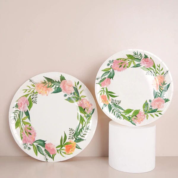 25 White Round Paper Plates with Flower Wreath Design - Disposable Tableware