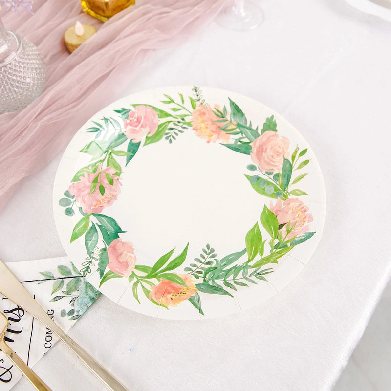 25 White Round Paper Plates with Flower Wreath Design - Disposable Tableware