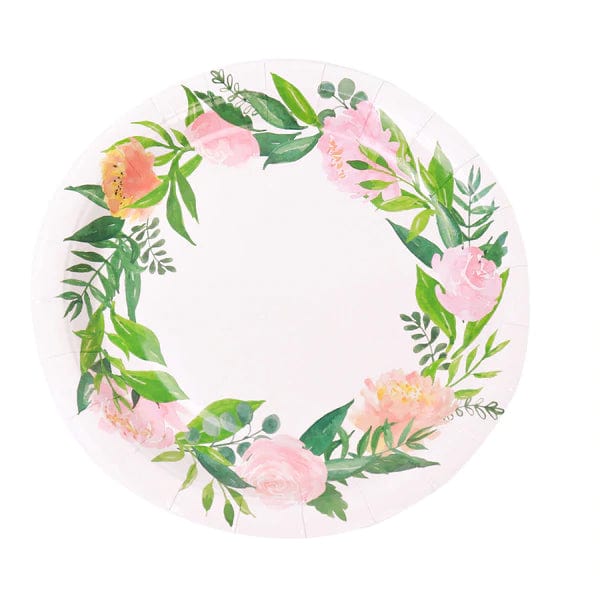 25 White Round Paper Plates with Flower Wreath Design - Disposable Tableware DSP_PPR0004_9_WHT