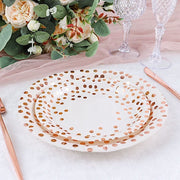 25 White Round Paper Plates with Rose Gold Polka Dots - Disposable Tableware
