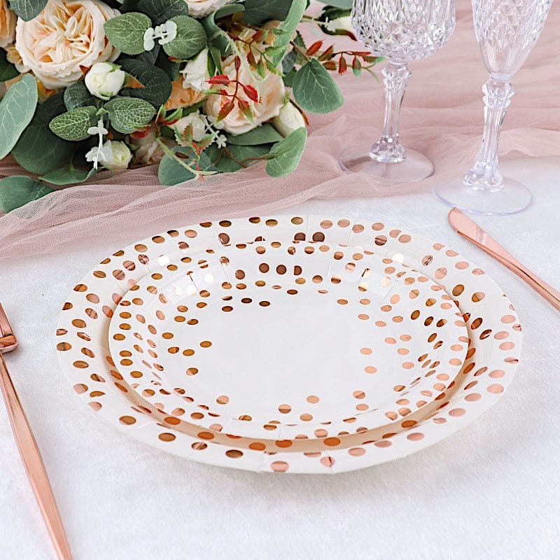 25 White Round Paper Plates with Rose Gold Polka Dots - Disposable Tableware