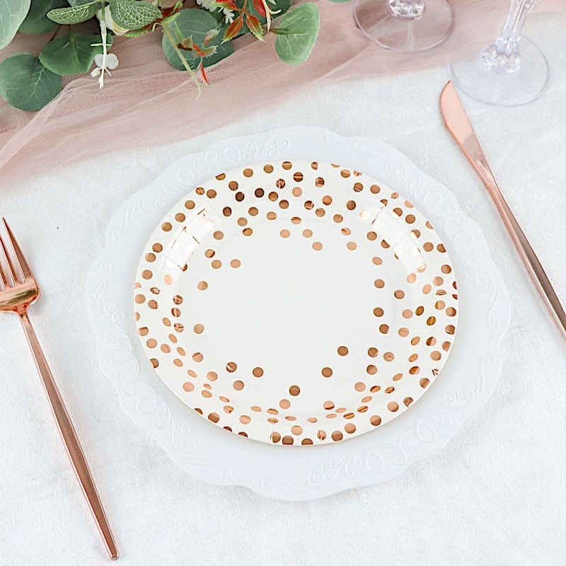 25 White Round Paper Plates with Rose Gold Polka Dots - Disposable Tableware