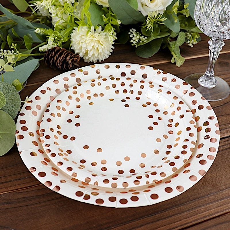 25 White Round Paper Plates with Rose Gold Polka Dots - Disposable Tableware