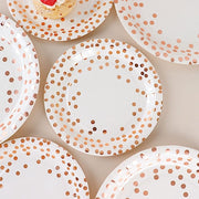 25 White Round Paper Plates with Rose Gold Polka Dots - Disposable Tableware