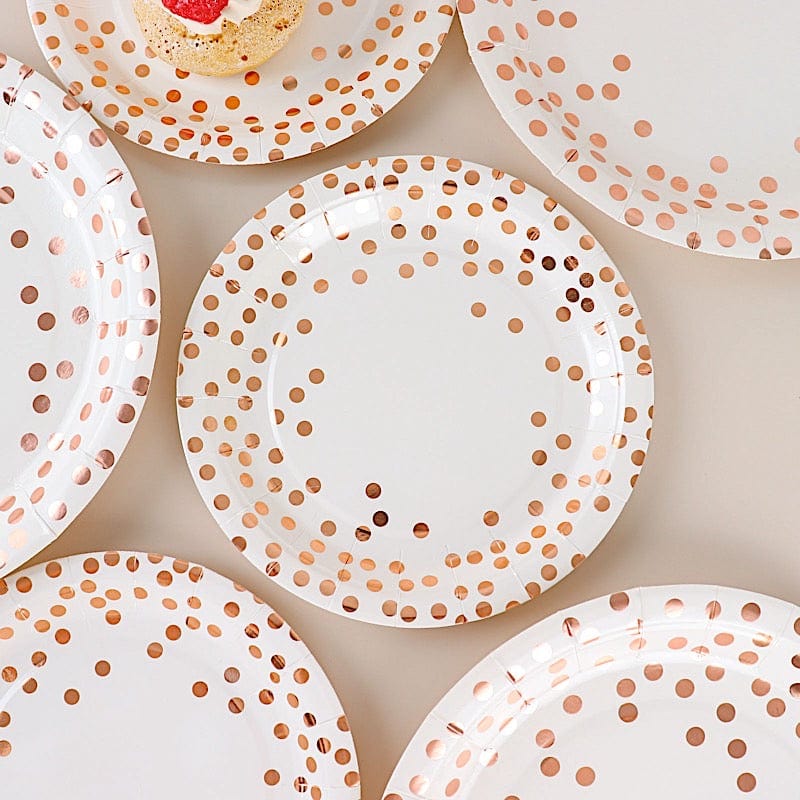 25 White Round Paper Plates with Rose Gold Polka Dots - Disposable Tableware